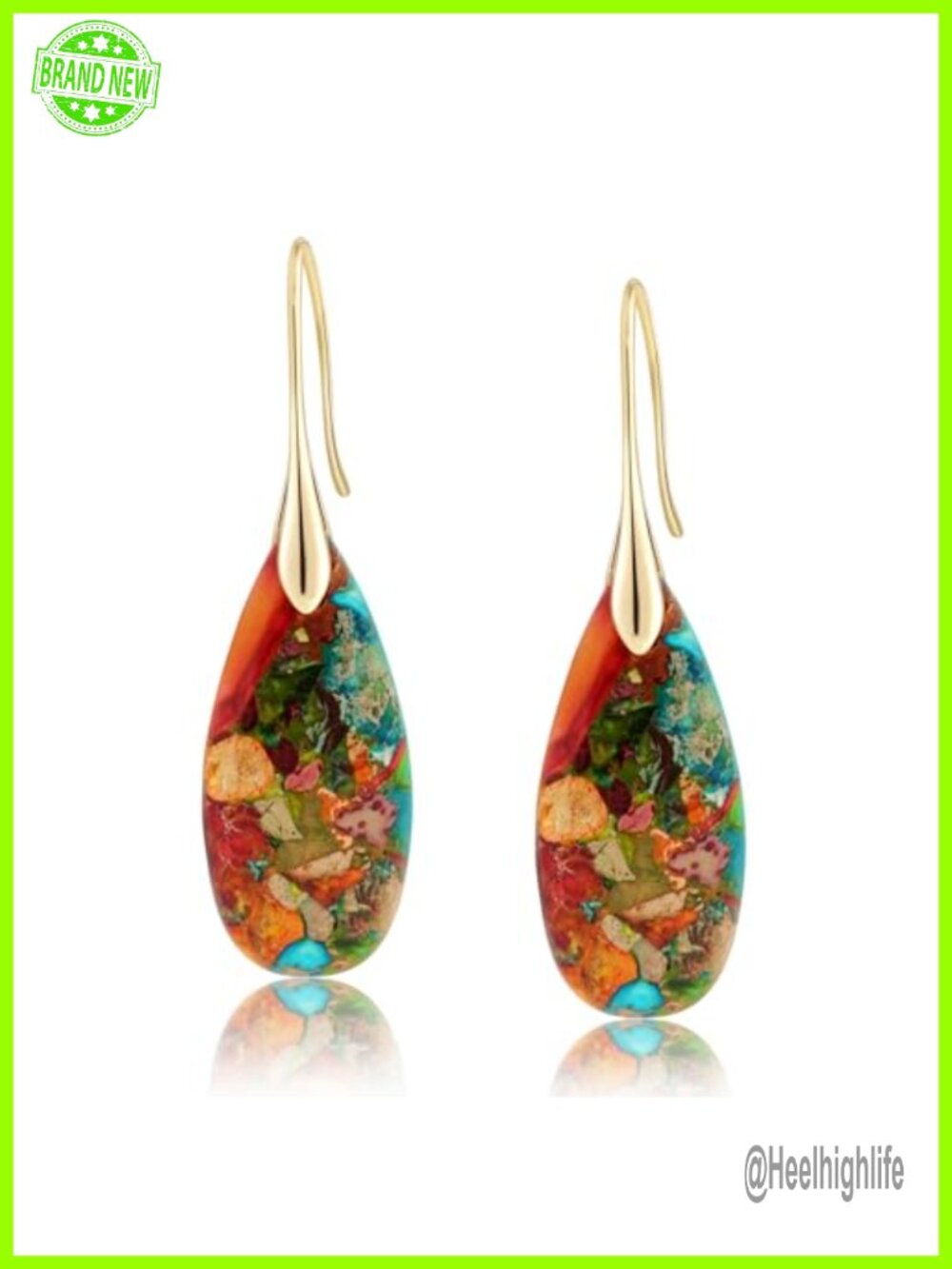 Natural Emperor Stone Fishhoop Dangle Drop Earrings Statement Gold Silver